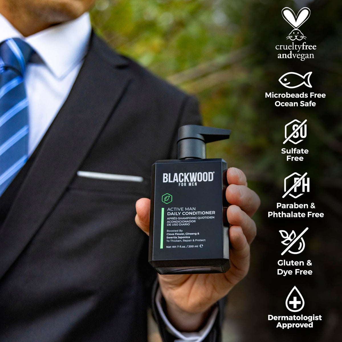 Blackwood For Men pouring conditioner onto hand demonstrating easy application benefit