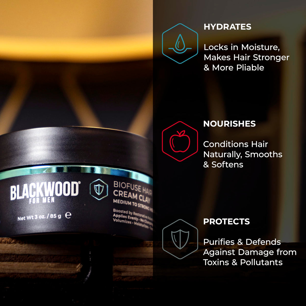Blackwood For Men product label highlighting natural ingredients and clean formulation