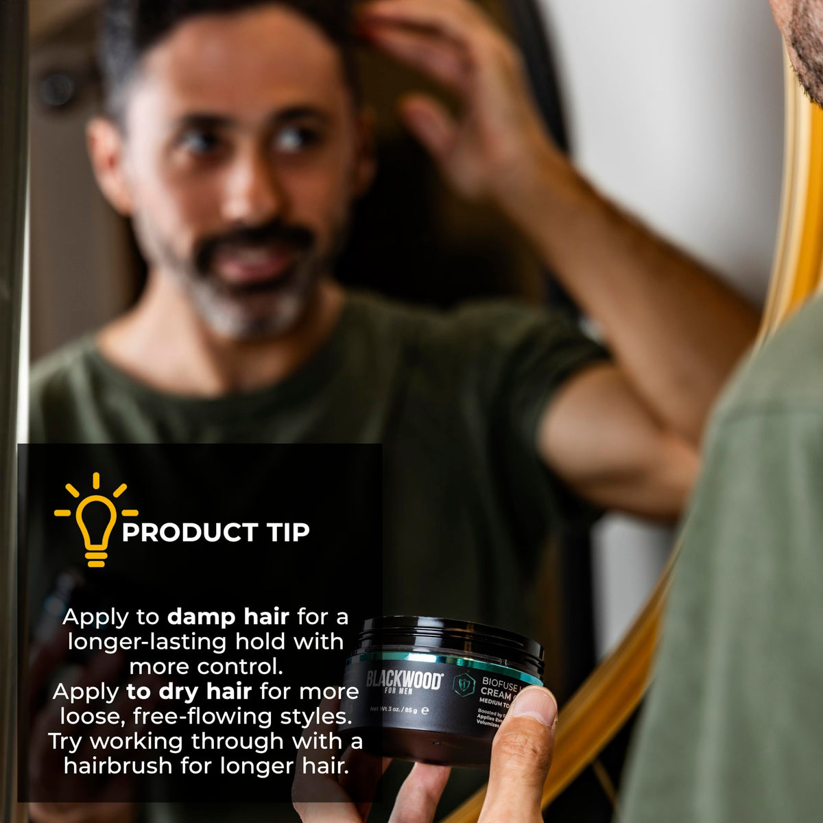 Blackwood For Men jar on bathroom shelf in lifestyle scene conveying daily grooming ease