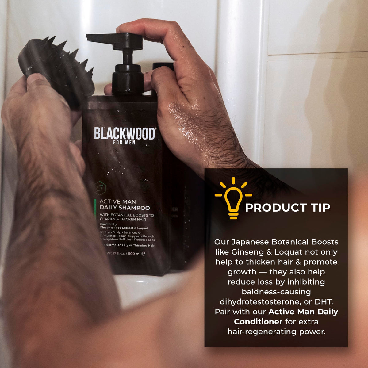 Blackwood For Men used after gym shower demonstrating refreshed scalp
