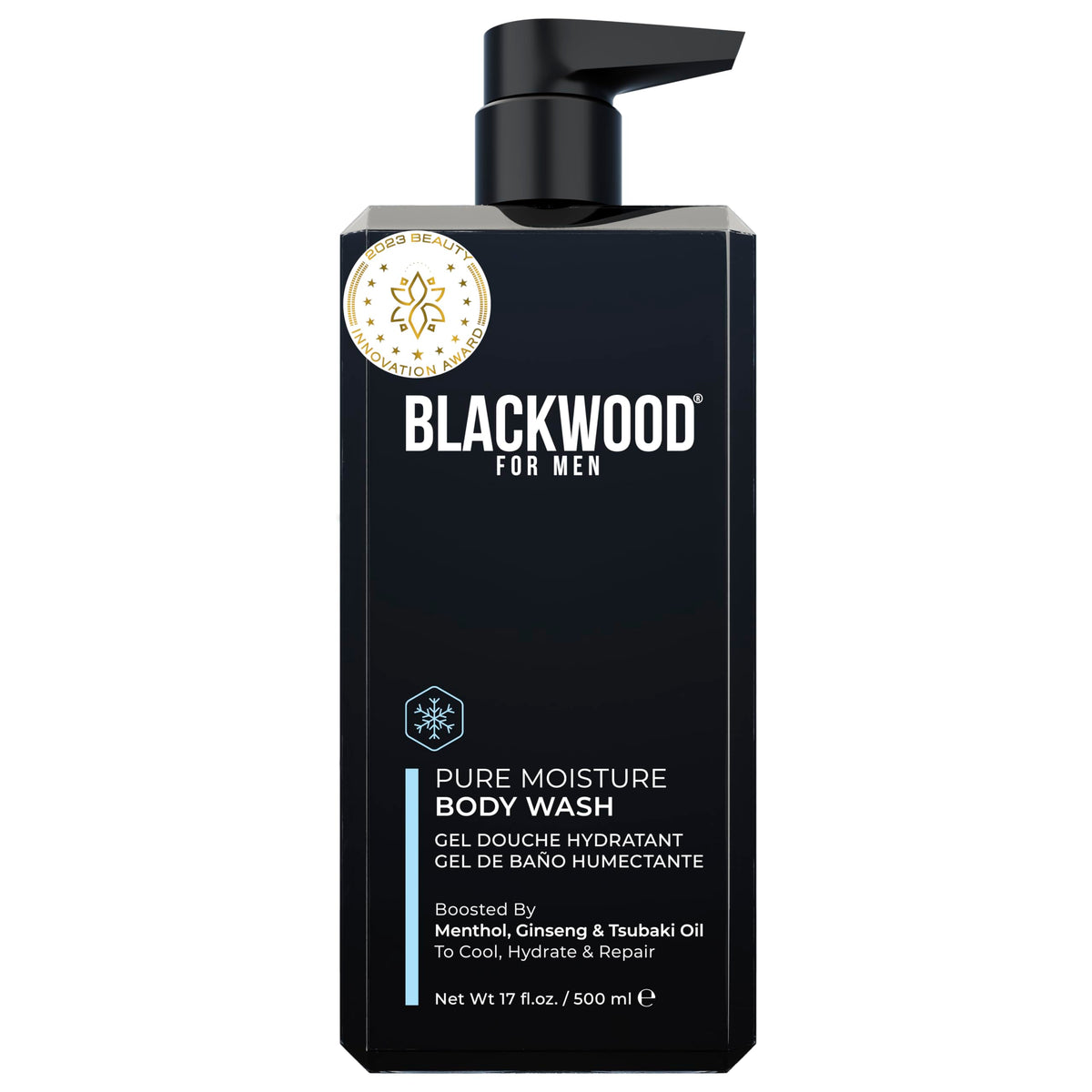 Blackwood For Men front packaging showing label and 17oz pump benefits hydration