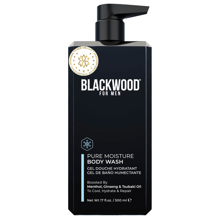 Blackwood For Men front packaging showing label and 17oz pump benefits hydration