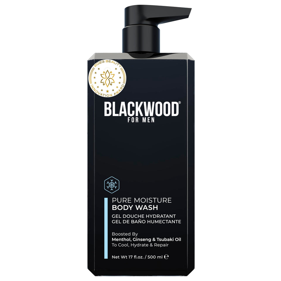 Blackwood For Men front packaging showing label and 17oz pump benefits hydration