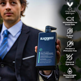Blackwood For Men conditioner in bathroom routine demonstrating easy use