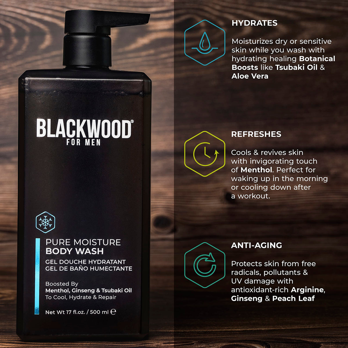 Blackwood For Men ingredients display with ginseng and tsubaki illustrating natural boosts