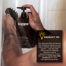 Blackwood For Men bottle on bathroom shelf in active lifestyle setting