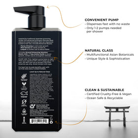 Blackwood For Men pump and label closeup highlighting botanical ingredients