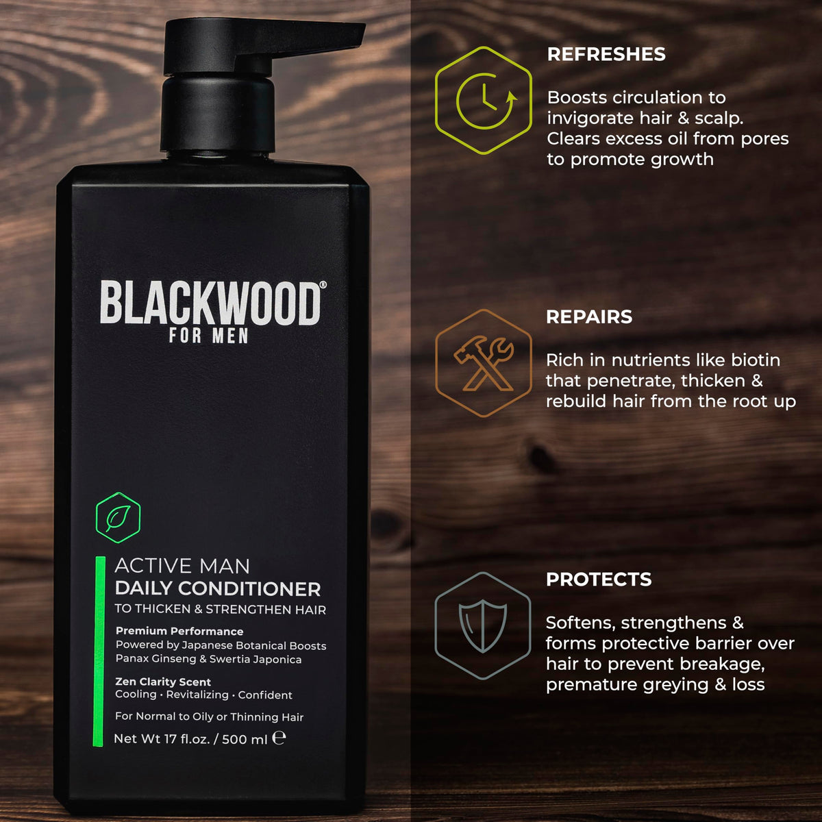 Blackwood For Men 17 oz bottle next to a ruler showing accurate size