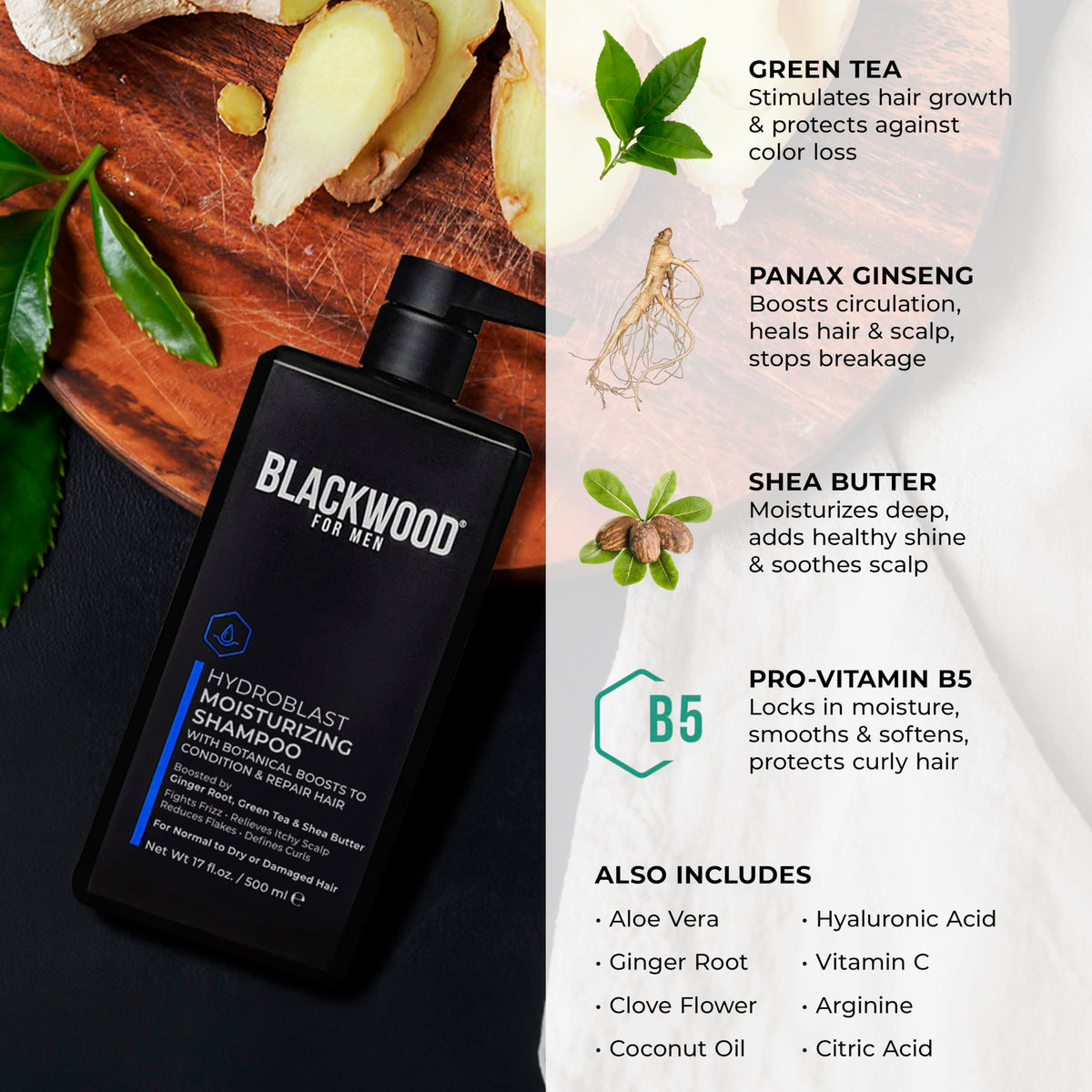 Blackwood For Men Hydroblast bottle beside ginger root and green tea to show botanical blend