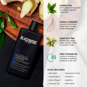Blackwood For Men Hydroblast bottle beside ginger root and green tea to show botanical blend