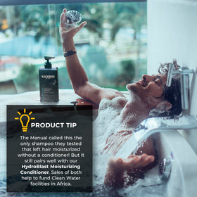 Blackwood For Men Hydroblast shampoo on shower shelf in lifestyle setting for everyday grooming