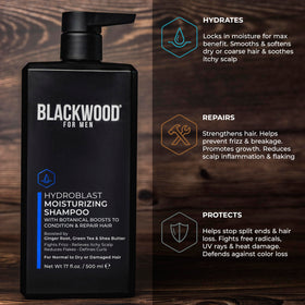 Blackwood For Men Hydroblast bottle beside a ruler to display the 17 oz size scale