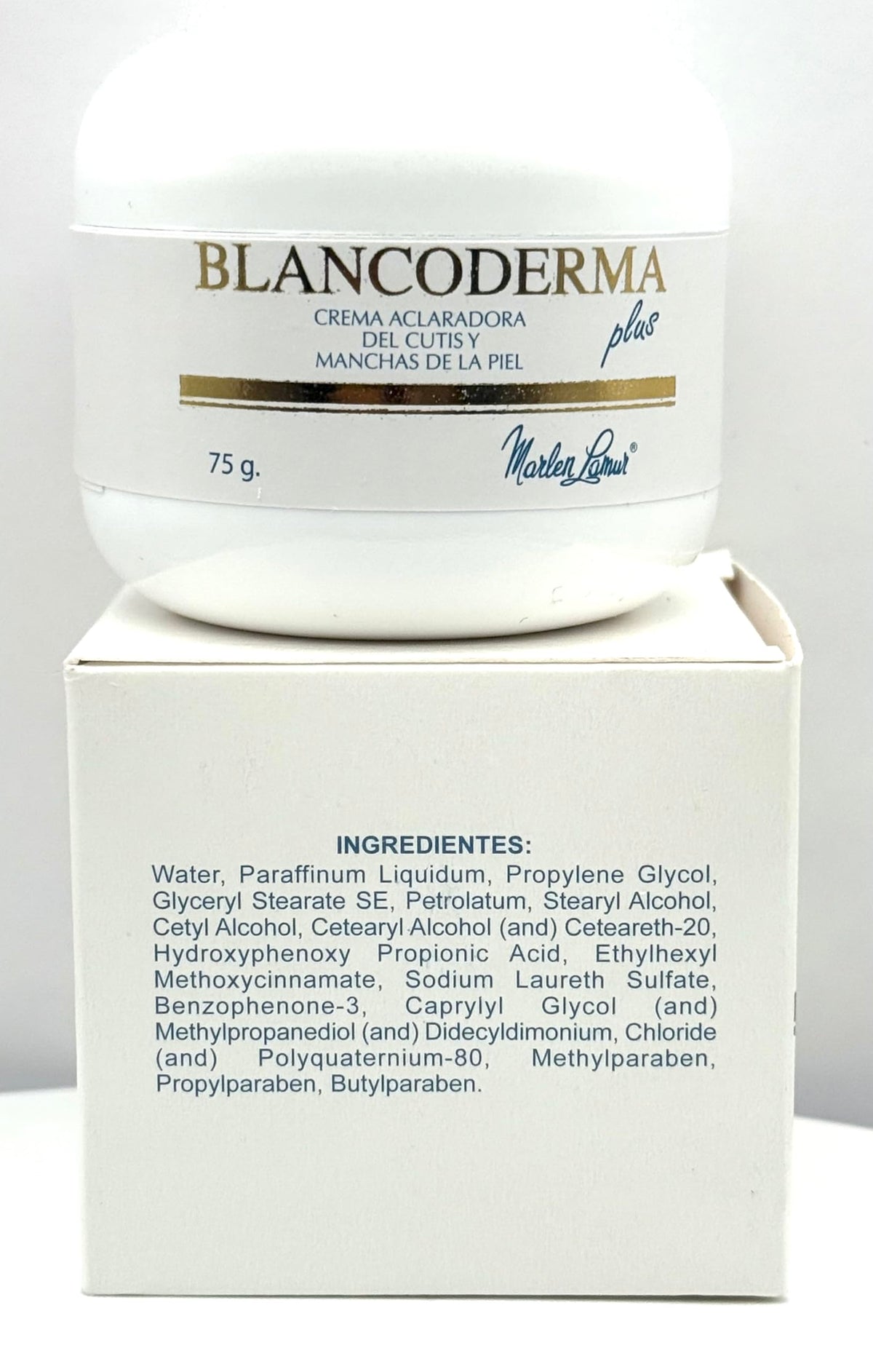 Generic Blancoderma Plus packaging label close-up, showing product name and usage information for clarity