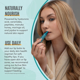 BLDG ACTIVE lip balm application on lips demonstrating easy glide and hydration