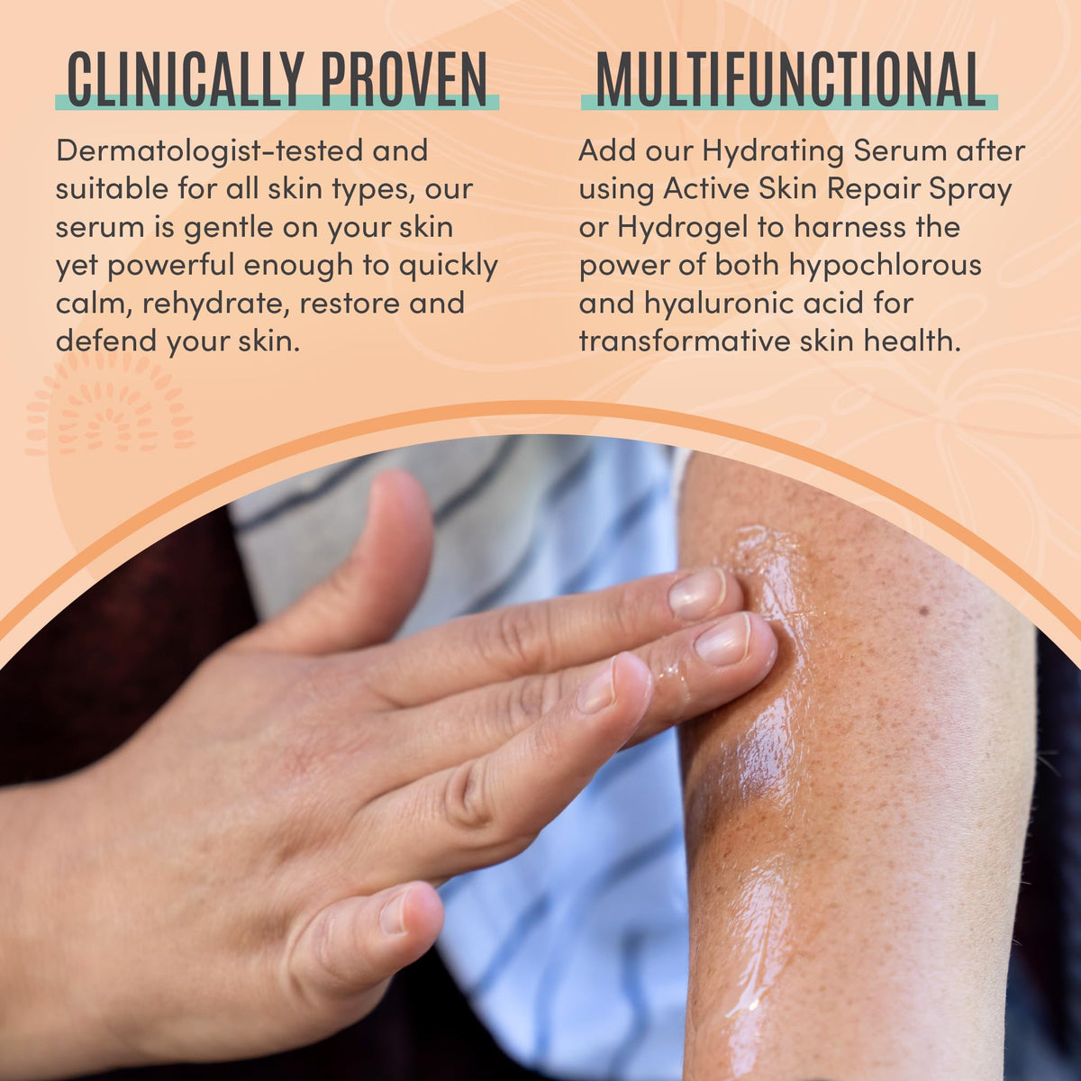 BLDG ACTIVE serum texture on hand showing lightweight absorbency and dewy finish