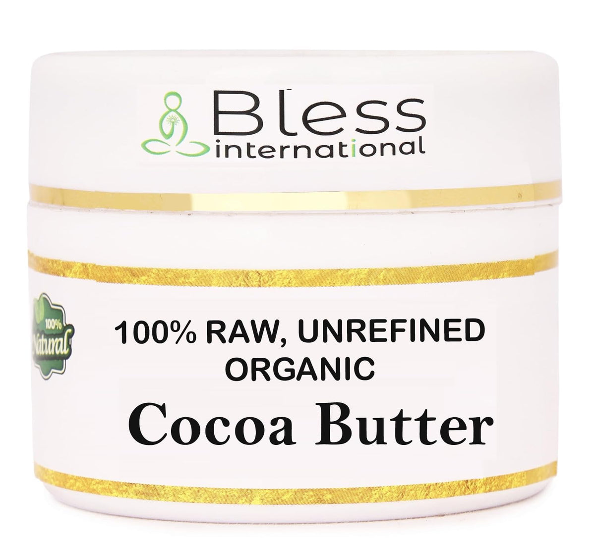 Bless International front jar showing pure organic cocoa butter and packaging benefit