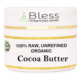 Bless International front jar showing pure organic cocoa butter and packaging benefit
