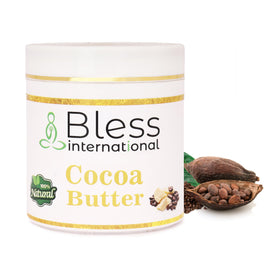 Bless International open jar showing smooth raw cocoa butter texture for easy melting