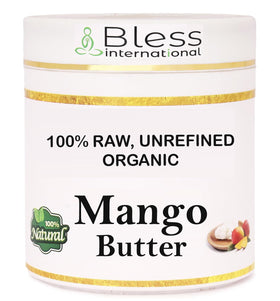 Bless International jar front showing pure mango butter and organic label benefit