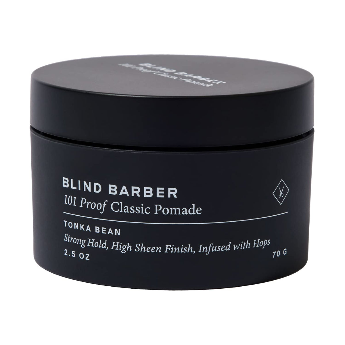 Blind Barber jar front view showing brand and high-shine result
