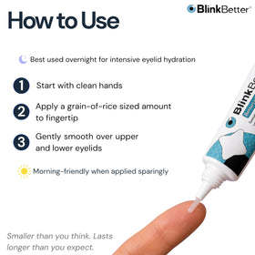 BlinkBetter on a bathroom shelf in a tidy routine scene suggesting daily eyelid care