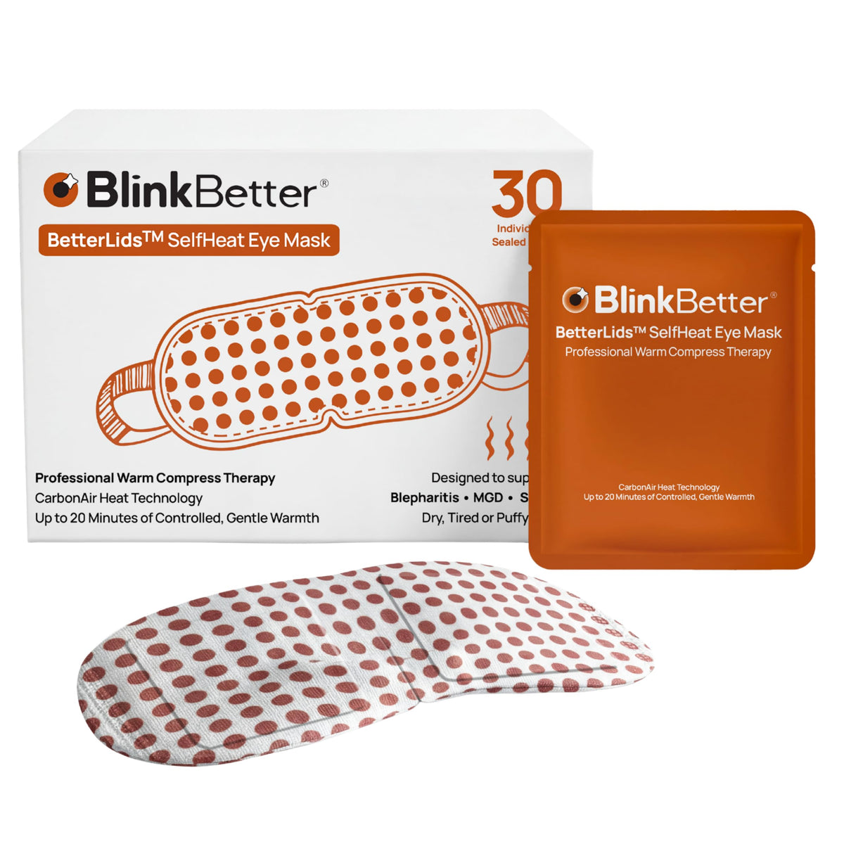 BlinkBetter pack front view showing 30 masks and clear labeling for easy purchase
