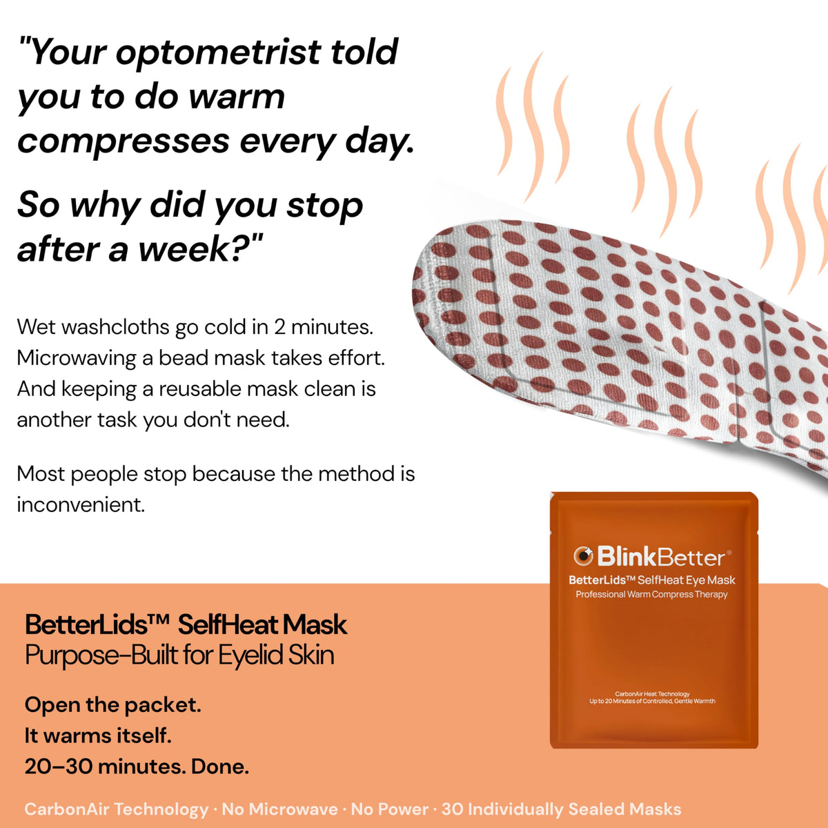Person wearing BlinkBetter mask resting with eyes closed showing soothing benefit