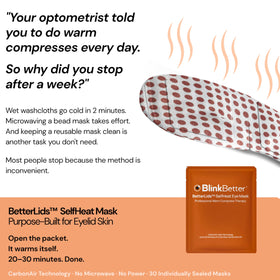 Person wearing BlinkBetter mask resting with eyes closed showing soothing benefit