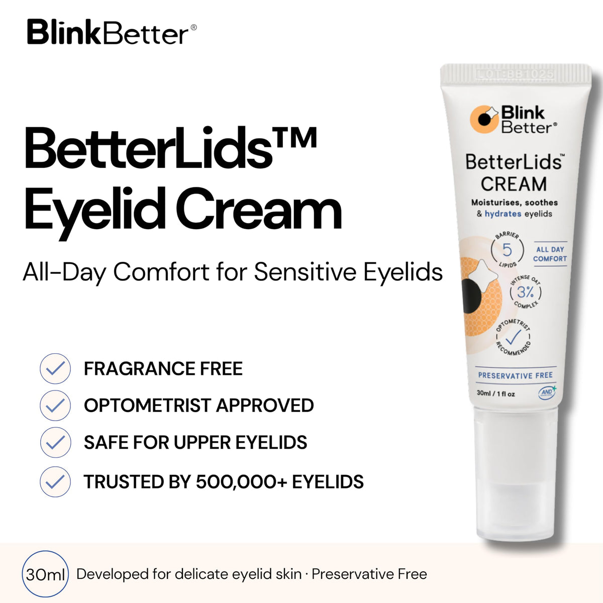 BlinkBetter cream texture close-up highlighting non-greasy finish and fast absorption benefit