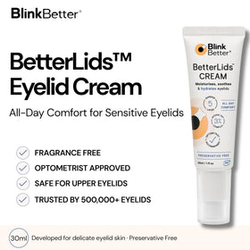 BlinkBetter cream texture close-up highlighting non-greasy finish and fast absorption benefit