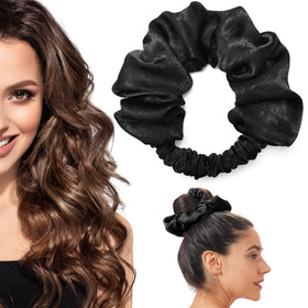 BLINKEEN front view of black scrunchie showing sleek profile and discreet styling benefit
