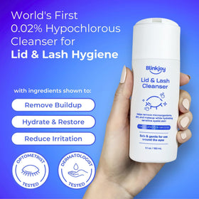 Blinkjoy pump and label detail highlighting ingredients and recommended use benefit