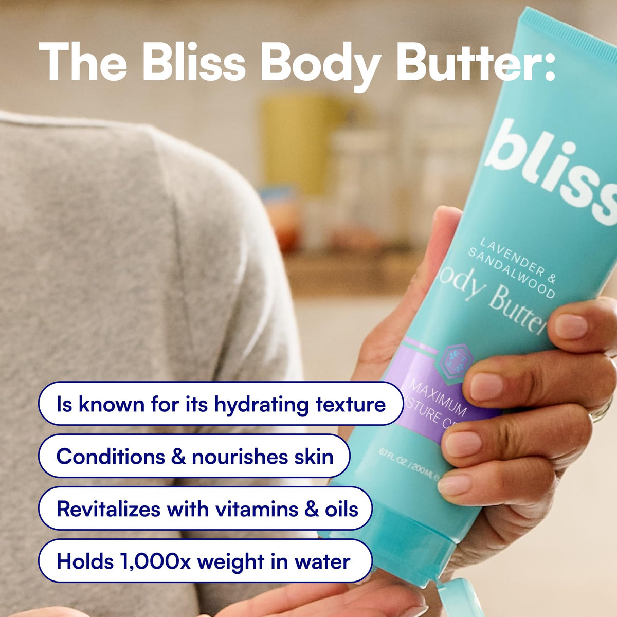 Applying Bliss body butter on arm for fast absorption and long-lasting moisture