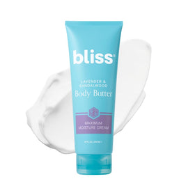 Bliss body butter front jar showing calming lavender scent and moisturizing benefits