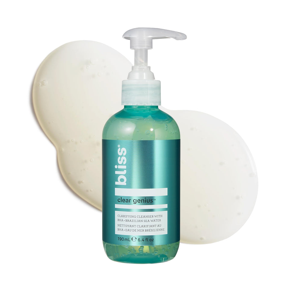 Bliss front packaging of Clear Genius cleanser shows product and size, clear skin benefit