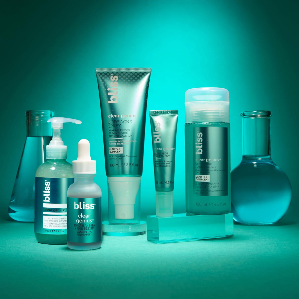 Bliss on a bathroom shelf in lifestyle scene suggesting daily skincare ritual