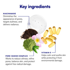 Bliss ingredients flatlay with green tea and botanicals for balancing oil