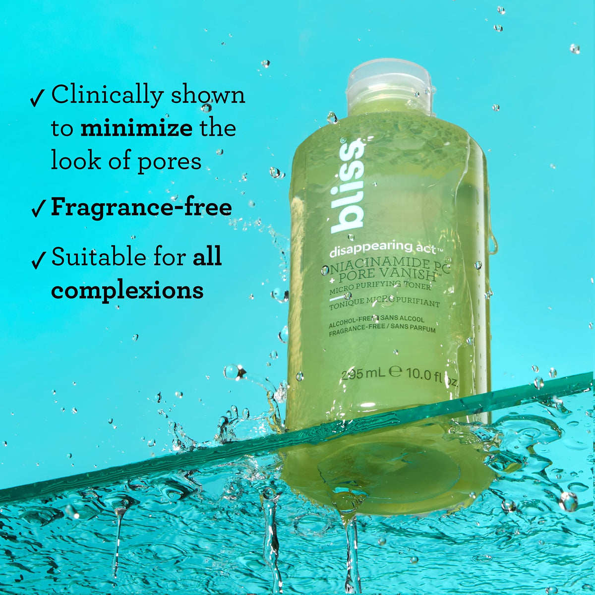 Bliss label close-up highlighting niacinamide and pore-vanish complex benefits