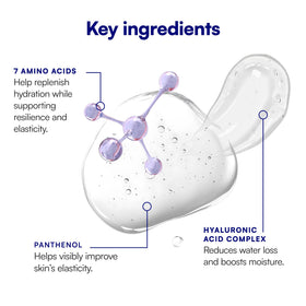 ingredients label of Bliss showing hyaluronic acid and amino acids for moisture support benefit