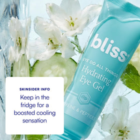 Bliss eye gel on bathroom vanity styled to show daily skincare routine benefit