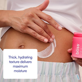 Close-up of Bliss label listing collagen, caffeine, hyaluronic acid for transparency