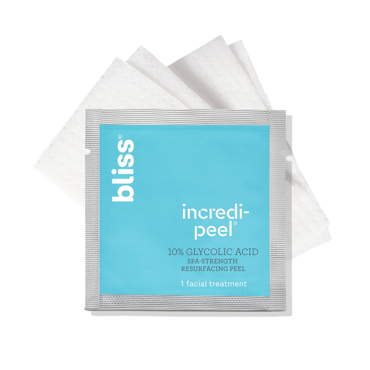 Bliss front packaging of Incredi-Peel pads showing travel-ready container and benefits
