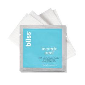 Bliss front packaging of Incredi-Peel pads showing travel-ready container and benefits