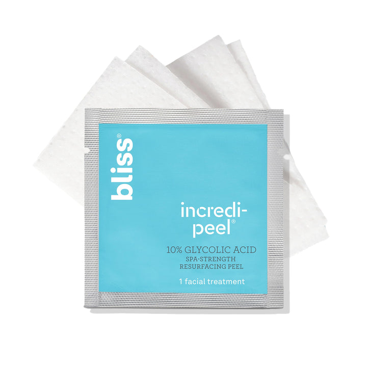 Bliss front packaging of Incredi-Peel pads showing travel-ready container and benefits