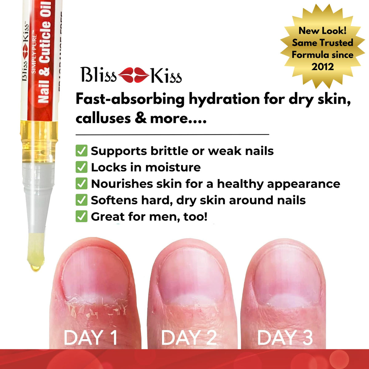 Bliss Kiss application on cuticle illustrating smoother, hydrated nail edges