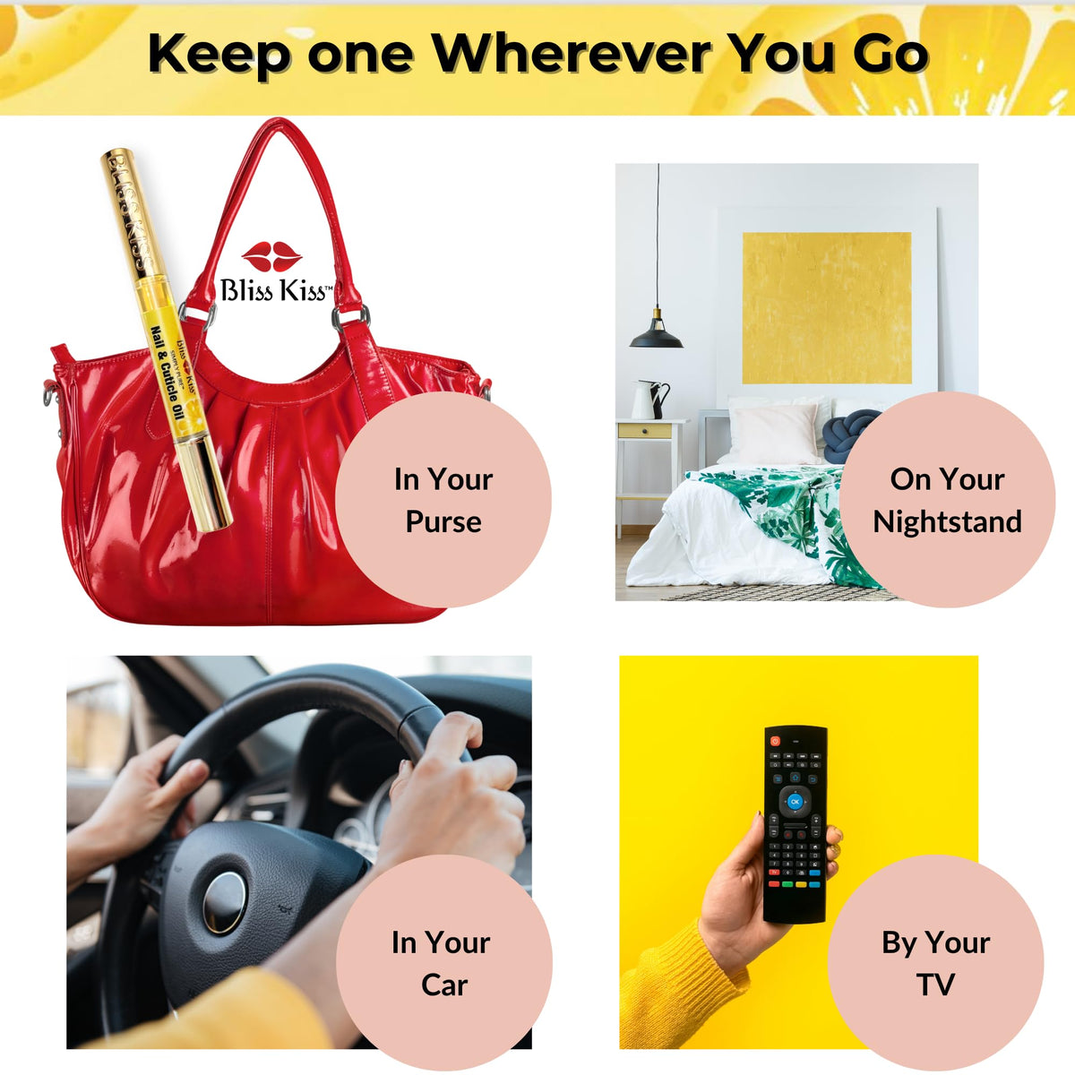 Bliss Kiss four pens arranged to show travel-ready convenience