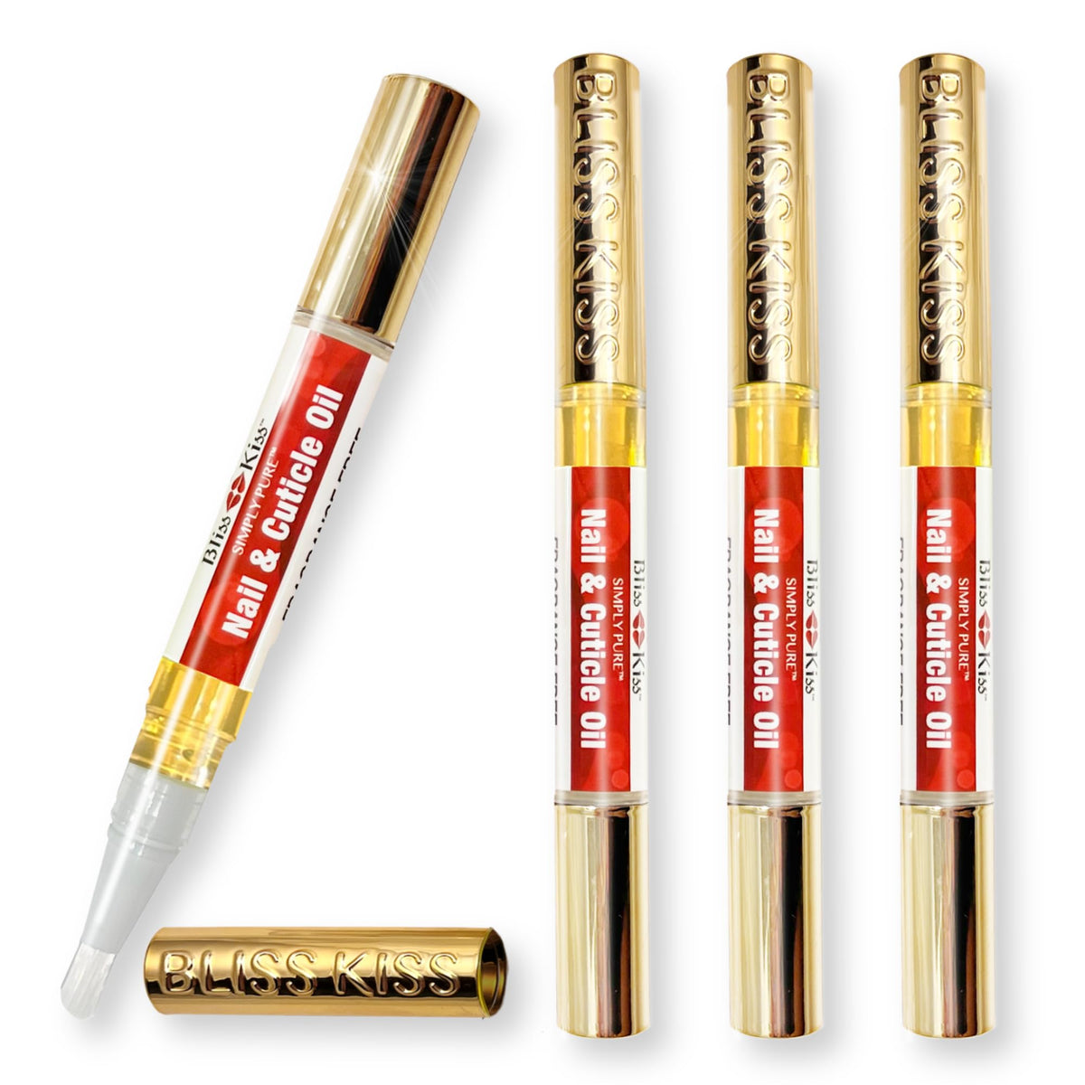 Bliss Kiss front packaging showing four fragrance-free nail oil pens and benefits