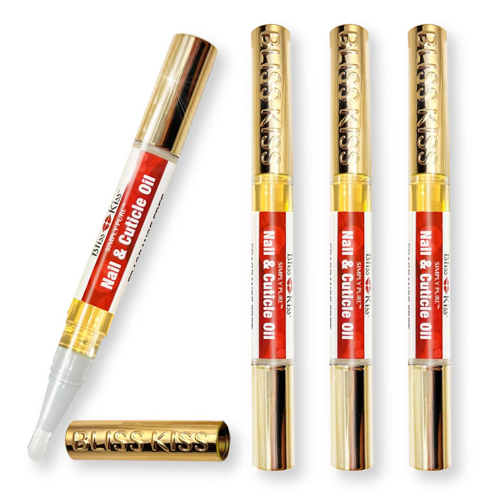 Bliss Kiss front packaging showing four fragrance-free nail oil pens and benefits