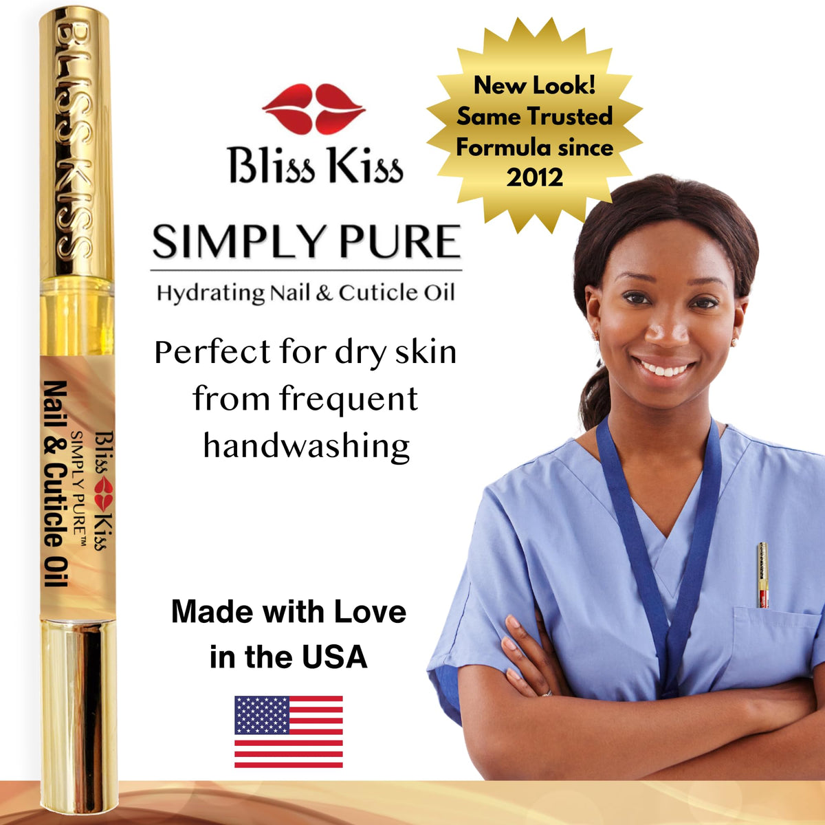 Bliss Kiss lifestyle scene with pens at desk and travel-ready benefit