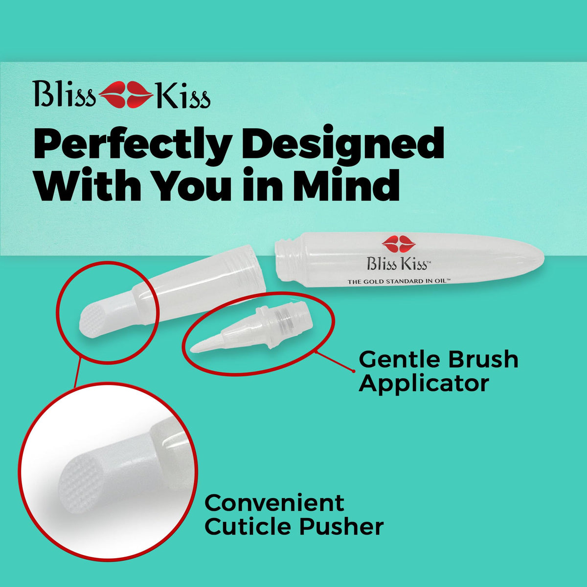 Bliss Kiss pen beside cuticle pusher highlighting neat prep and targeted oiling benefit
